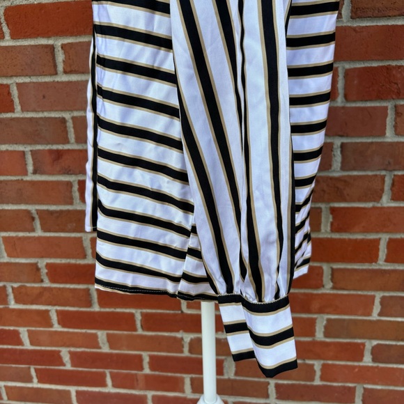 Versona Black Tan White Striped Long Sleeve Button Front Top Womens Medium - Picture 4 of 6